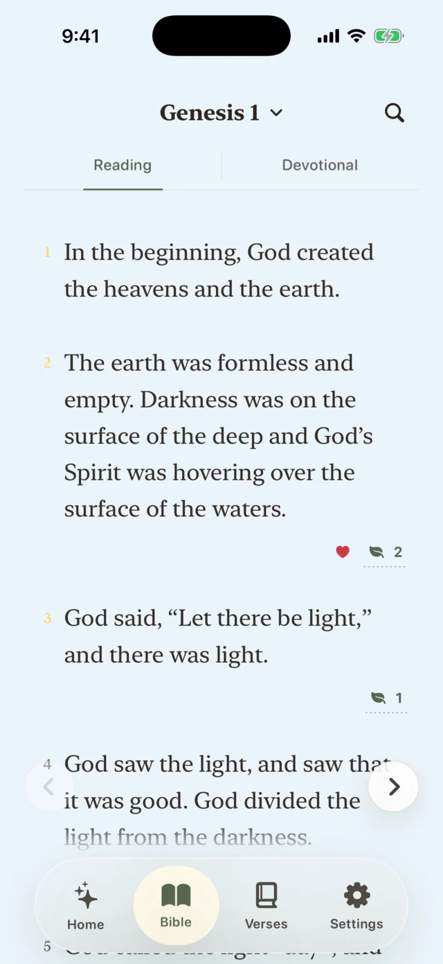 BibleClick on iPhone showing Genesis 1 in Devotional view: verse cards, a favourited verse, and an open note.