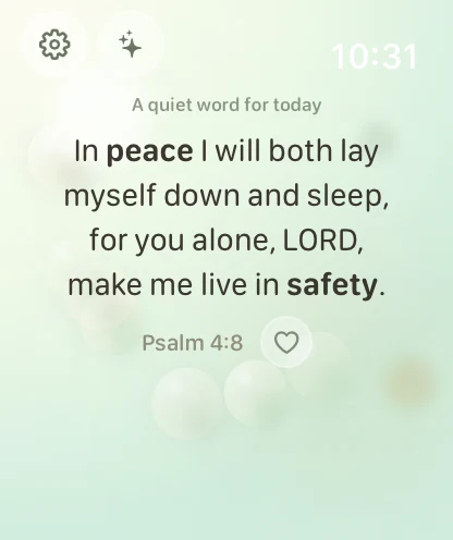 BibleClick on Apple Watch showing Psalm 4:8 in the Pearl Sky atmosphere